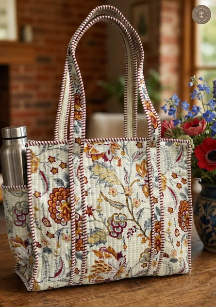 Handcrafted Quilted Floral Cotton Tote Bag with Bottle Pocket