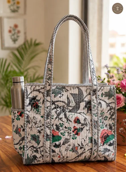 Handcrafted Quilted Botanical Cotton Tote Bag with Bottle Pocket