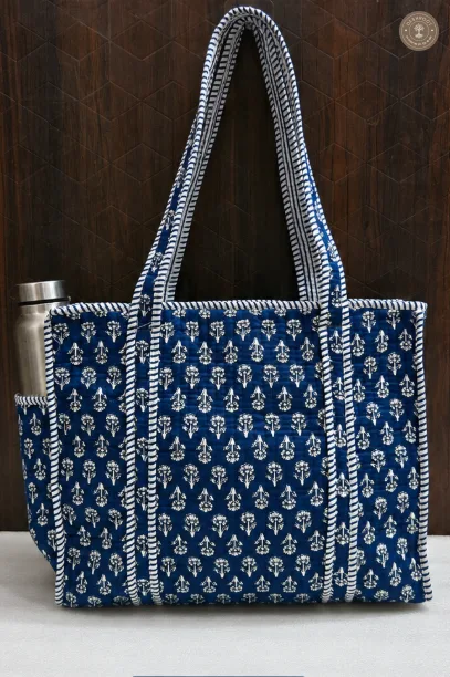 Blue Hand Block Printed Quilted Tote Bag with Bottle Pocket