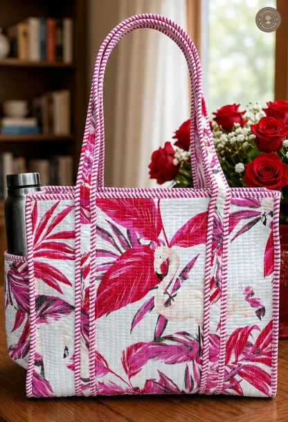 Pink Flamingo Quilted Cotton Tote Bag with Bottle Pocket
