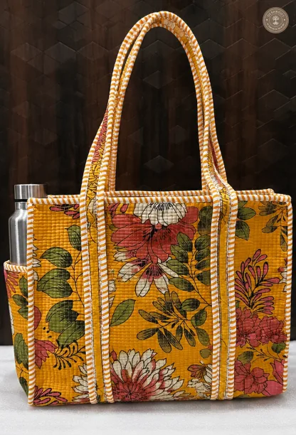 Mustard Floral Quilted Cotton Tote Bag with Bottle Pocket