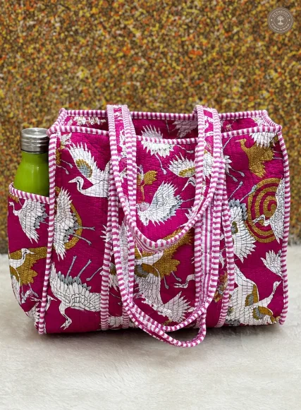 Handcrafted Quilted Crane Print Cotton Tote Bag with Bottle Pocket