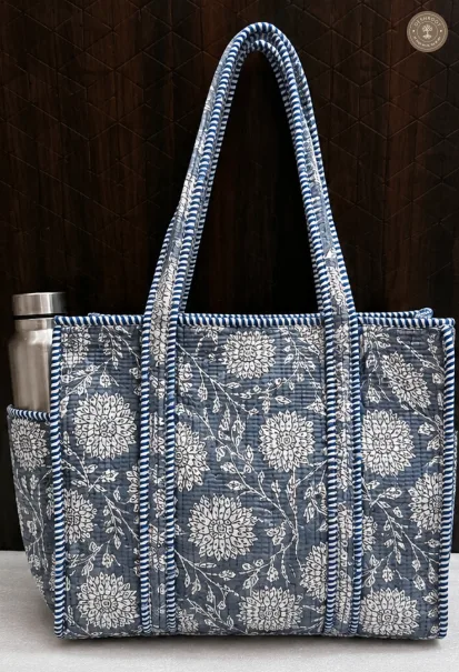 Handcrafted Grey Floral Quilted Cotton Tote Bag with Bottle Pocket