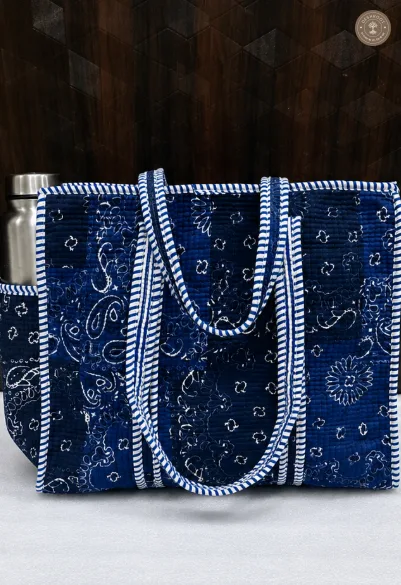 Handcrafted Navy Blue Quilted Cotton Tote Bag with Paisley Print & Bottle Pocket