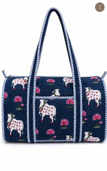 Handcrafted Quilted Blue Cotton Duffel Bag with Animal Print