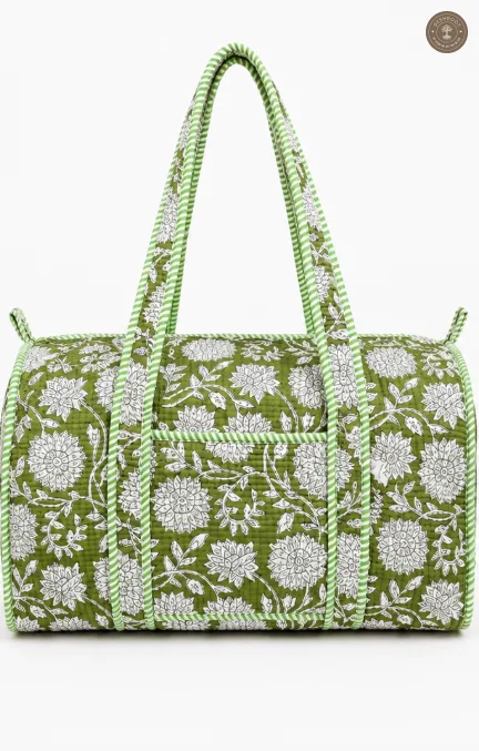 Handcrafted Quilted Green Floral Cotton Duffel Bag