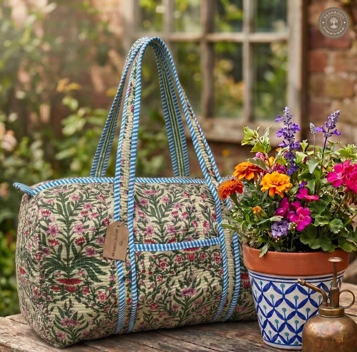 Handcrafted Quilted Floral Cotton Duffel Bag