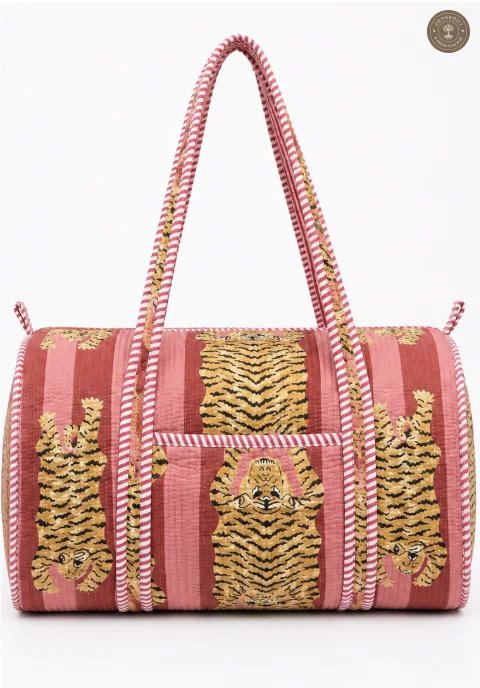Handcrafted Quilted Tiger Print Cotton Duffel Bag