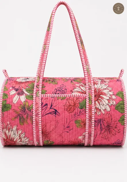 Handcrafted Quilted Pink Floral Cotton Duffel Bag
