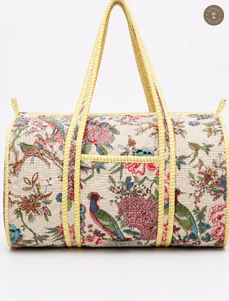 Handcrafted Quilted Vintage Floral & Bird Print Cotton Duffel Bag