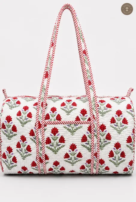 Handcrafted Quilted Red Floral Cotton Duffel Bag