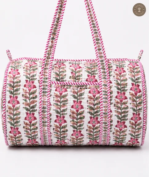 Handcrafted Quilted Pink Floral Block Print Cotton Duffel Bag