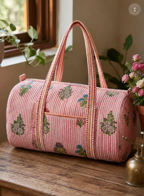Handcrafted Quilted Floral Stripe Duffle Bag