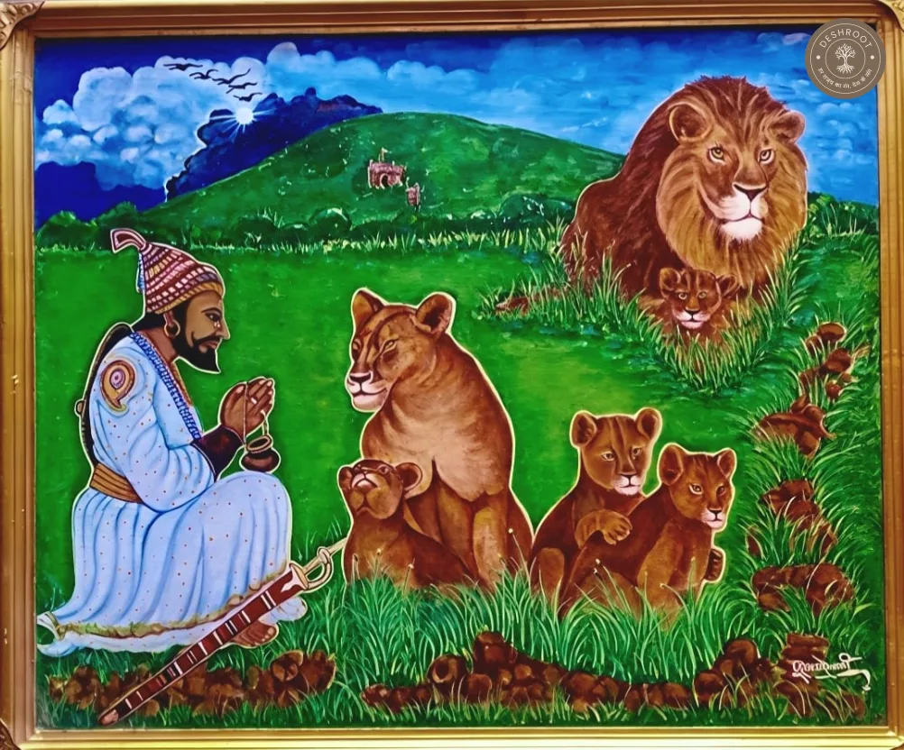 SHIVAJI MAHARAJ AND THE LIONESS-WALL PAINTING