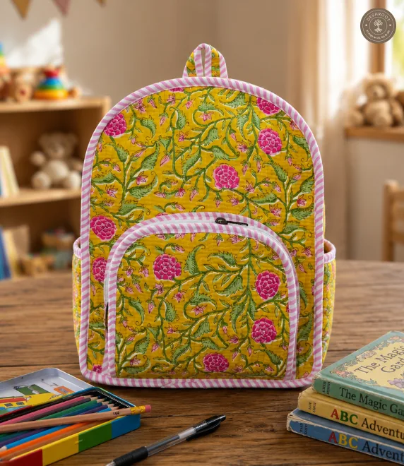 Handcrafted Quilted Yellow Floral Cotton Kids Backpack – Lightweight School & Travel Bag