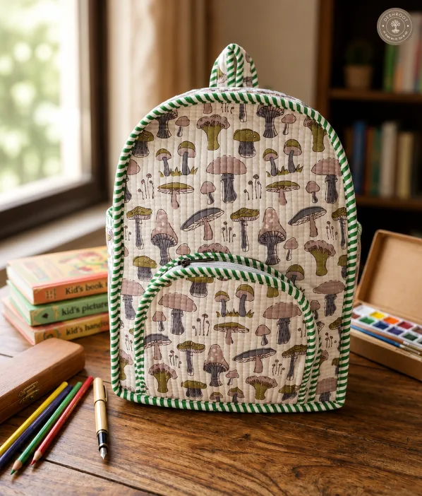 Handcrafted Quilted Mushroom Print Cotton Kids Backpack – Lightweight School & Travel Bag