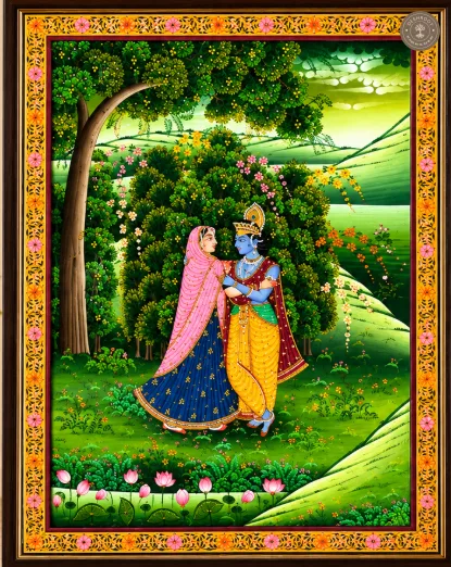 Radha Krishna in a Verdant Garden – Traditional Indian Miniature Painting
