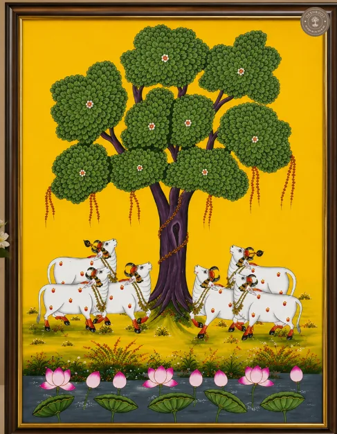 Pichwai Kamdhenu Cow Painting with Kalpavriksha