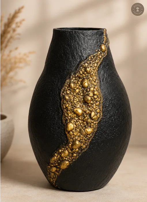 Handcrafted Paper Mache Decorative Vase with Gold Stone Texture