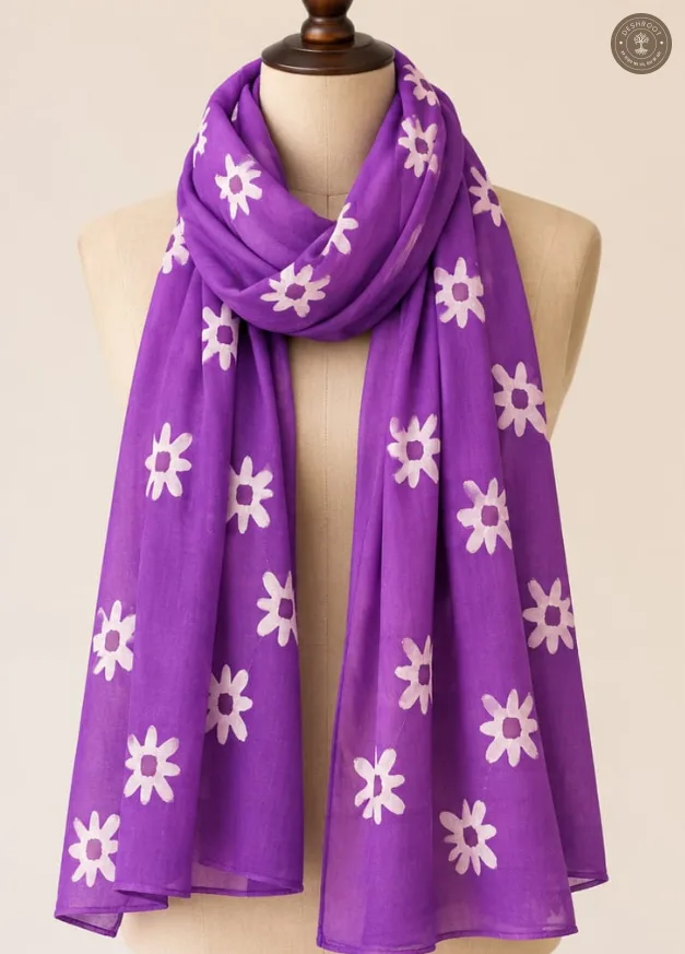 Pure Cotton Hand-Dyed Stole – Purple Floral Designer Ethnic Wrap