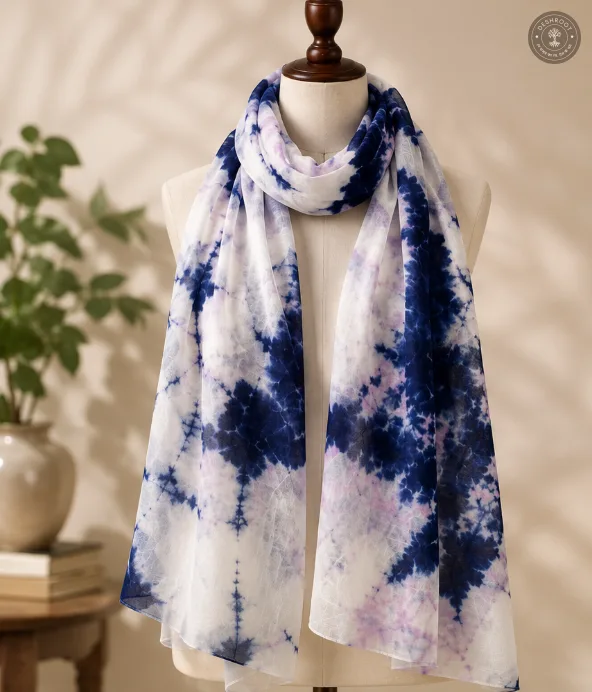 Pure Chanderi Silk Cotton Hand-Dyed Tie-Dye Stole – Blue & White Designer Ethnic Scarf
