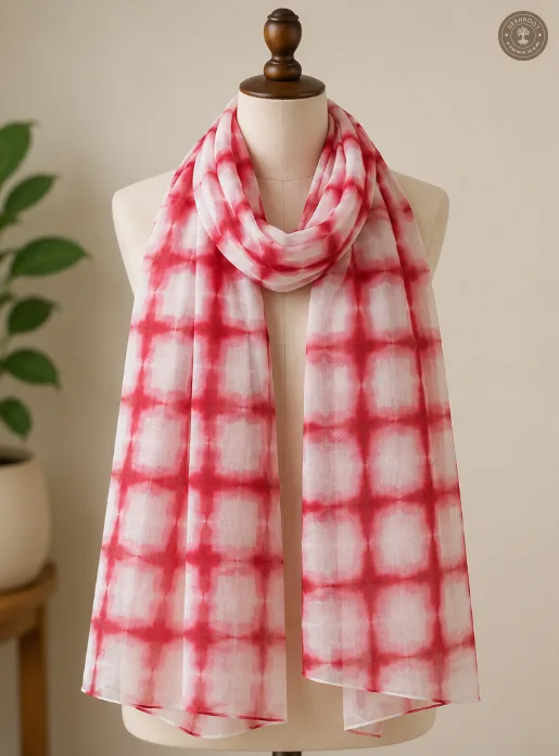 Pure Chanderi Silk Cotton Hand-Dyed Shibori Check Stole – Red & White Designer Ethnic Scarf