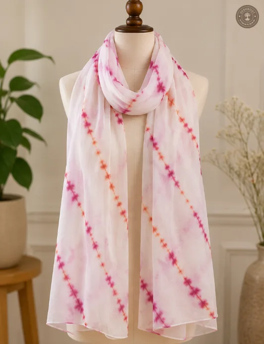 Hand-Dyed Pure Chanderi Silk by Cotton Stole – Pink & White Tie-Dye Designer Women's Stole