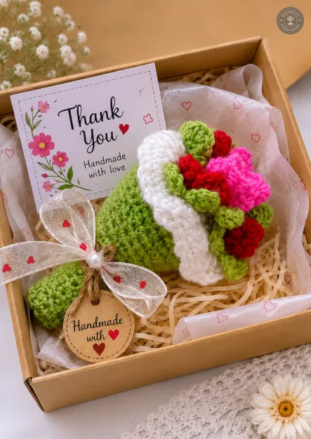 Handmade Crochet Flower Bouquet Gift – Knitted Rose Bouquet with Gift Box