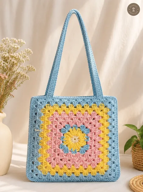 Handmade Crochet Granny Square Tote Bag – Cotton Knitted Shoulder Bag for Women