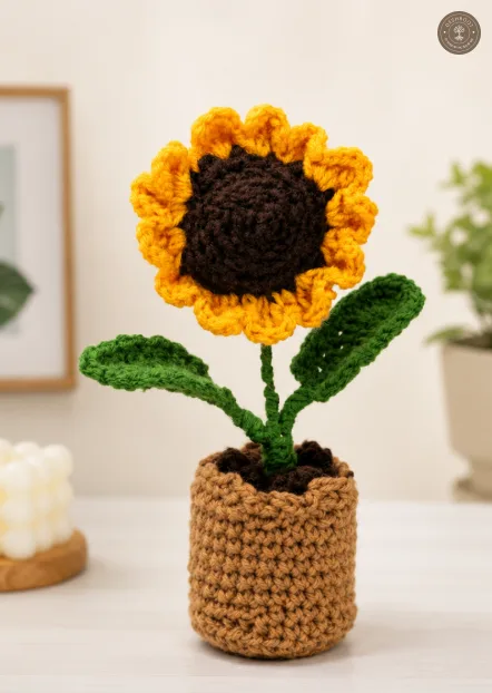Handmade Crochet Sunflower in Pot – Knitted Flower Plant for Home & Office Décor