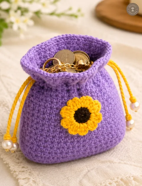 Handmade Crochet Sunflower Drawstring Pouch