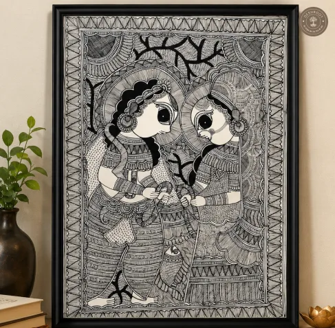 Handmade Radha Krishna Madhubani Painting on Canvas Paper