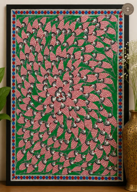 Handmade Fish Raas Madhubani Painting on Canvas Paper