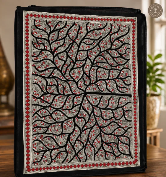 Handmade Tree of Life Madhubani Painting with Birds on Canvas Paper