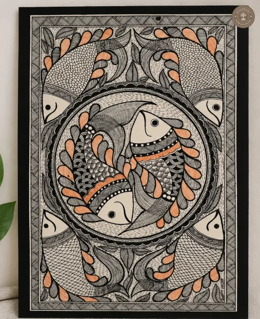 Handmade Fish Raas-2 Madhubani Painting on Canvas Paper