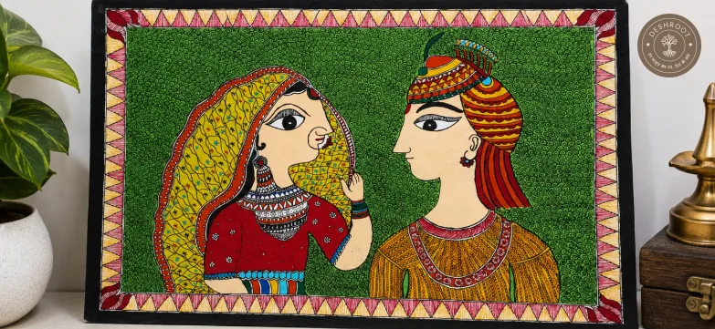 Handmade Bride & Groom Madhubani Painting on Canvas Paper