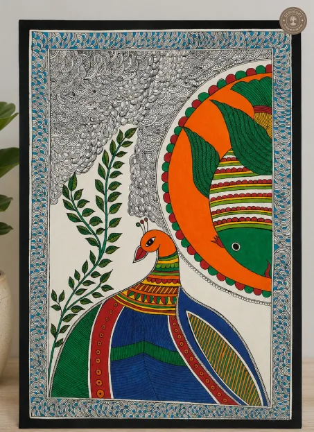 Handmade Peacock Madhubani Painting on Canvas Paper