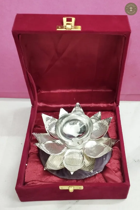 Premium Silver-Finish Lotus Tea-Light Holder (with Resin Base)