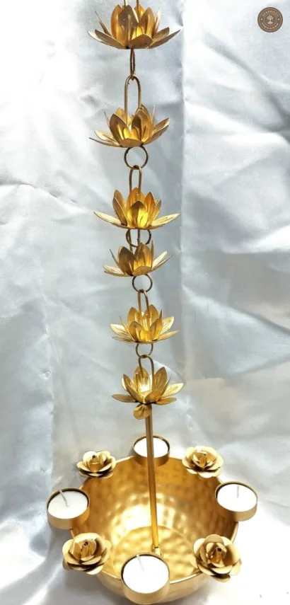 Handcrafted Brass Gold Lotus Rain Chain Urli Bowl Set for Home & Temple Decor