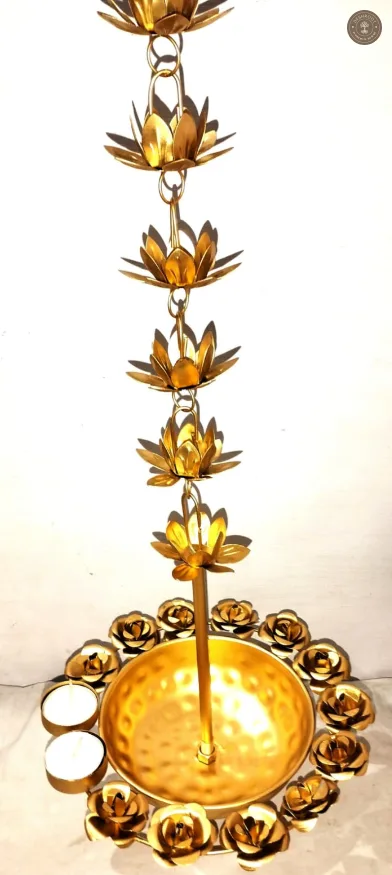 Handcrafted Brass Gold Lotus Rain Chain Urli Bowl Set for Home & Temple Decor