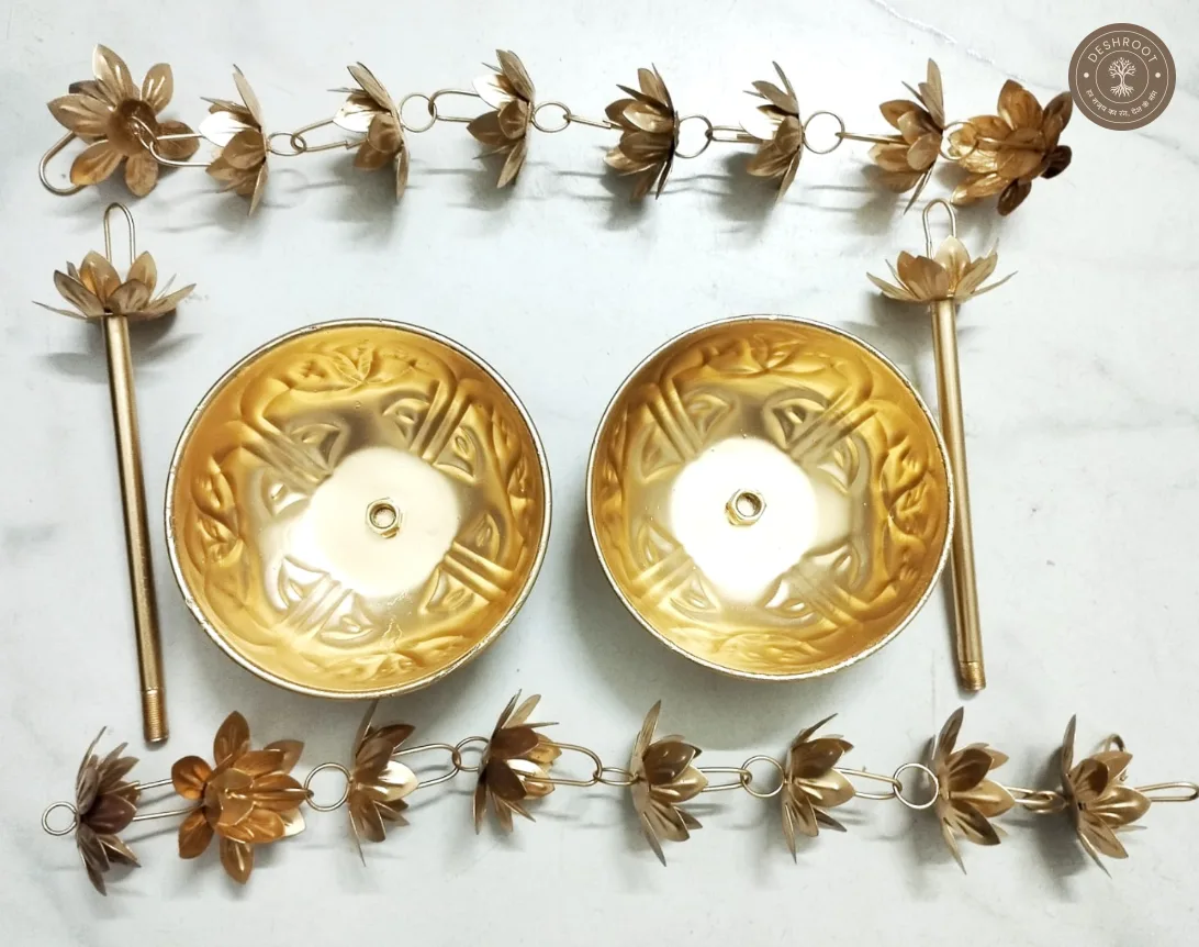 Handcrafted Brass Gold Lotus Rain Chain Urli Bowl Set for Home & Temple Decor (SET OF 2)