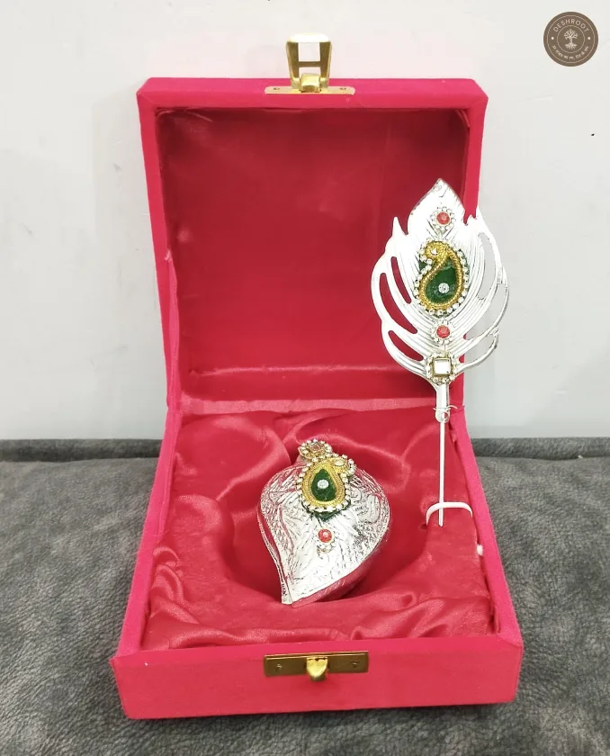 Silver-Finish Peacock Feather and Paan-Patta Sindoor/Roli Box Set