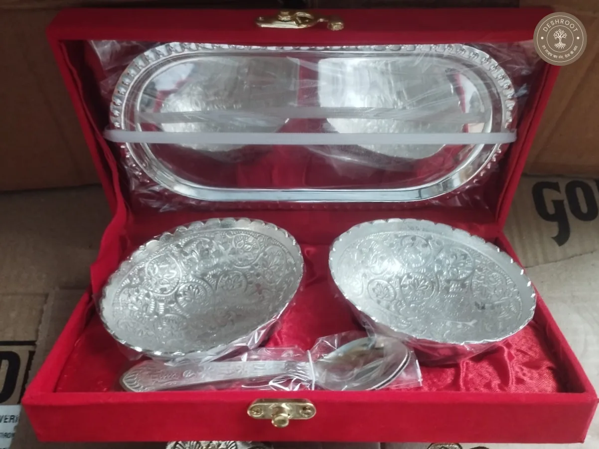 Royal Gold & Silver Plated Katori Set (2 Katoris, 2 Spoons, 1 Tray - with Premium Red Velvet Box)