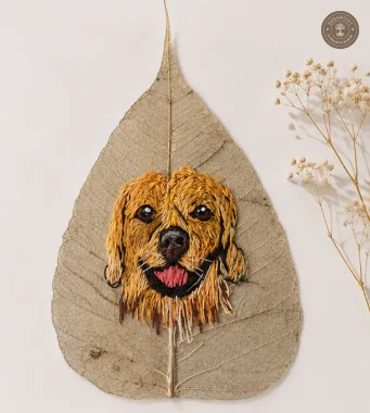 Handcrafted Embroidered Golden Retriever Leaf Art