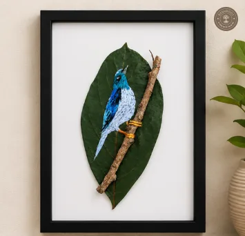 Handcrafted Embroidered Blue Bird Leaf Art (2)