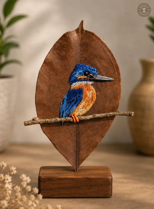 Handcrafted Embroidered Kingfisher Leaf Art