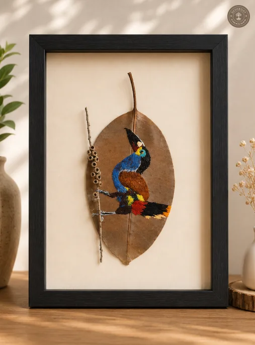 Handcrafted Embroidered Tropical Bird Leaf Art