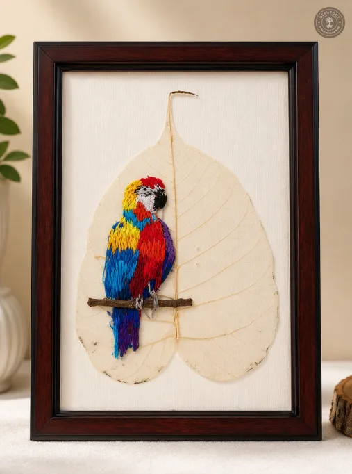 Handcrafted Embroidered Macaw Parrot Leaf Art