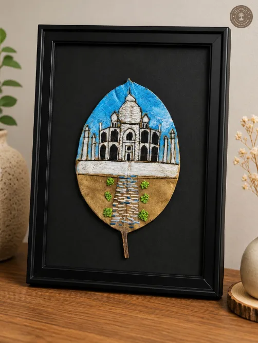 Handcrafted Taj Mahal Leaf Art in Wooden Frame
