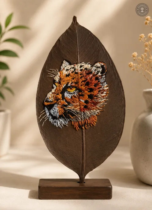 Handcrafted Embroidered Leopard Leaf Art